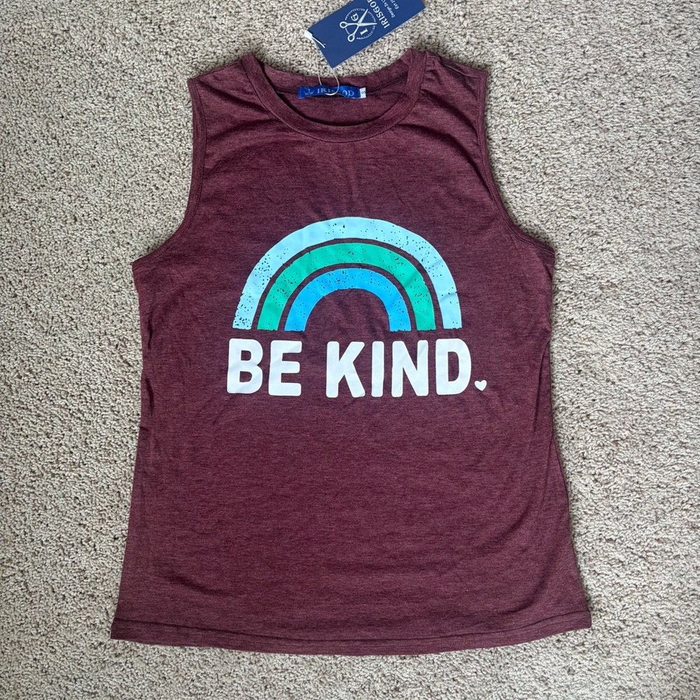Maroon 'Be Kind' Women’s Tank Top with Rainbow Design Size S